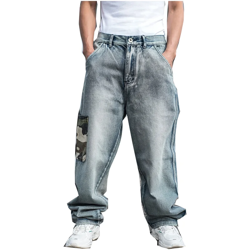 Loose jeans men's straight camouflage pocket pants plus size skateboard light blue wide leg pants plus size 46 2021