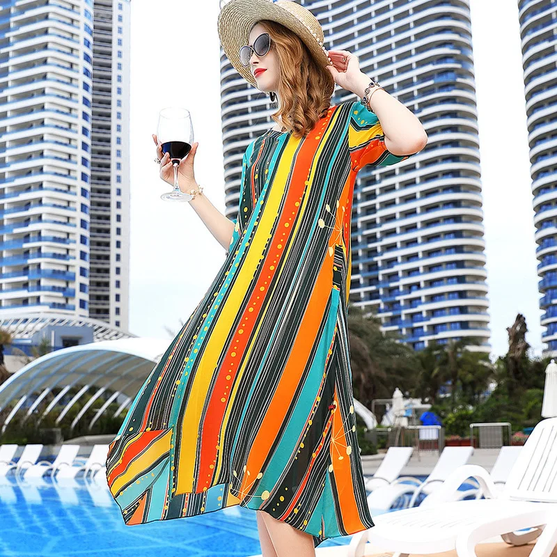 

Женское летнее пляжное платье из натурального шелка, повседневные длинные платья в стиле бохо с элегантным принтом, модель LWL1826, 100%