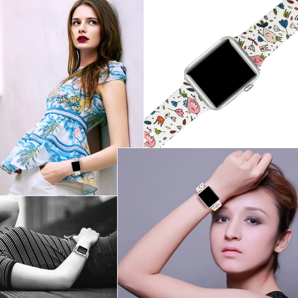 For Apple Watch band 44mm 40mm 42mm 38mm for Women iWatch Band Series 3 4 5 se 6Printing bracelet  Silicone Watch Strap
