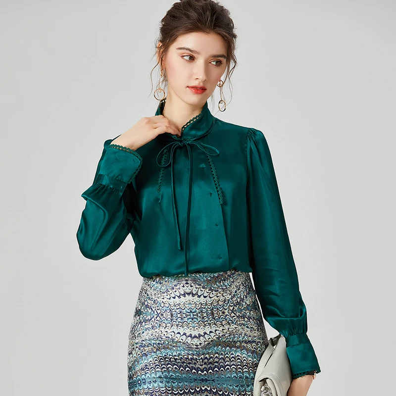 100% тяжелый Шелковый Атлас женская рубашка высокого качества шелковая вышивка