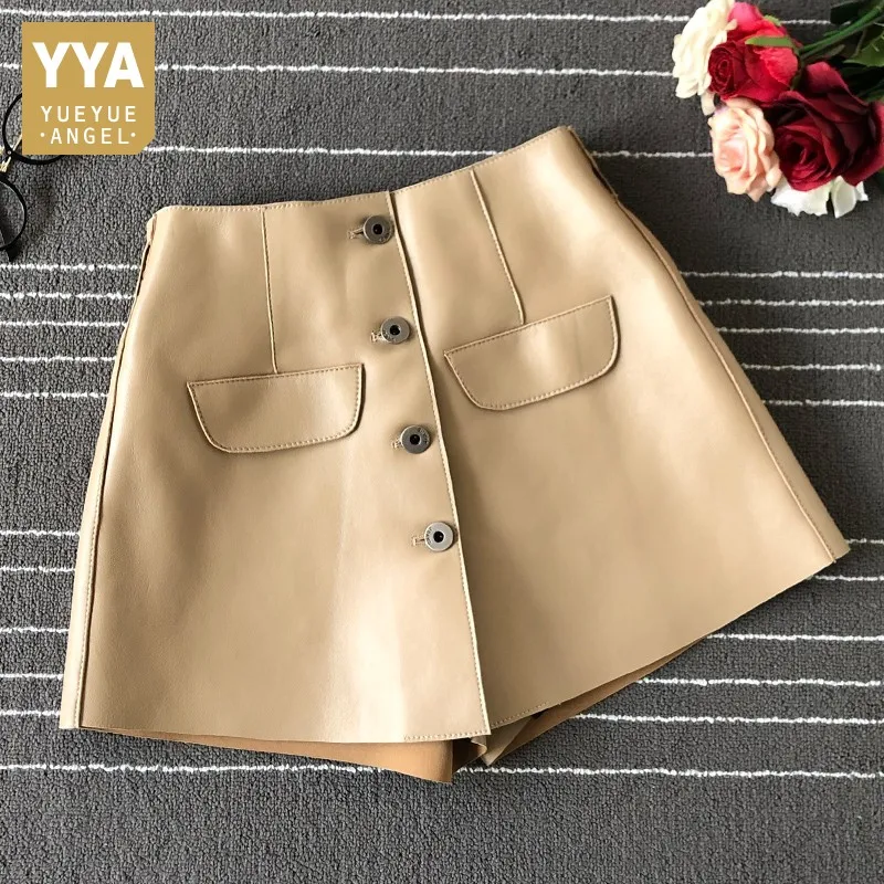 

100% Genuine Leather Sheepskin Short Skirts Women Street Buttons Elastic Waist Skirts Shorts Leisure Khaki A-Line Wrap Skirts