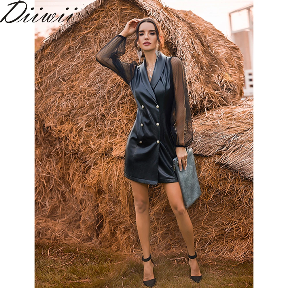 

DiiWii Womens Double Breasted Mesh Spliced Medium Length Lapel Jacket