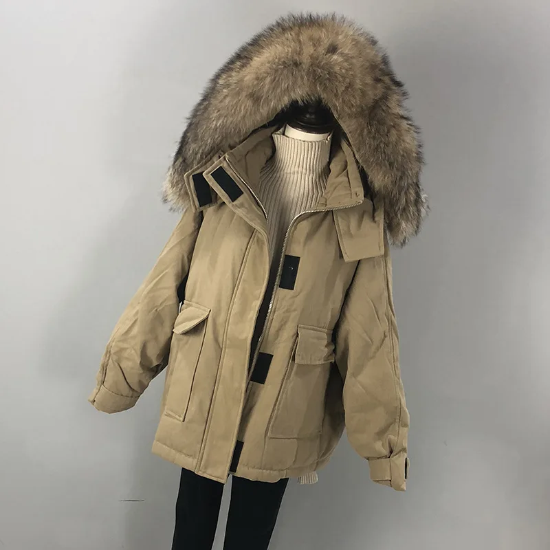 khaki-1 Большие размеры пуховик зимняя куртка женская куртка-пуховик обработанная Куртка пуховая куртка женская куртка с капюшоном и настоящим мехом Куртка "Сафари" - Цвет: khaki-1