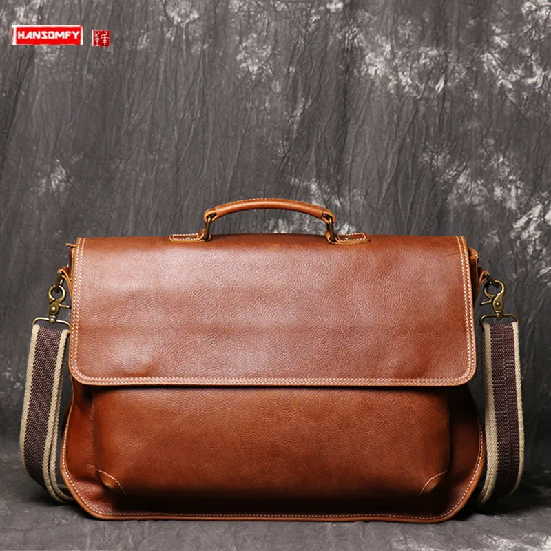 New Genuine leather Men Handbag large capacity Business Briefcase Crazy horse leather retro messenger bag 15.6-inch computer bag