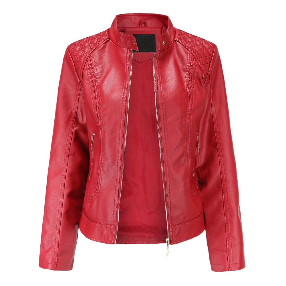 women new leather jacket women spring autumn fashion stand collar  motor biker coat pu outwear fall jacket black red 2020
