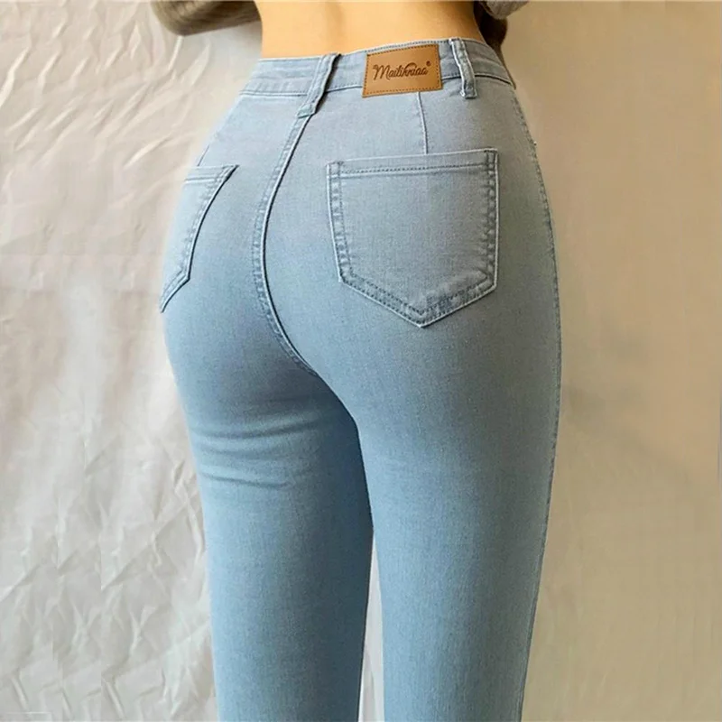 

Узкие джинсы Mom, женские брюки-карандаш с завышенной талией, женские Стрейчевые однотонные синие облегающие повседневные хлопковые джинсов...