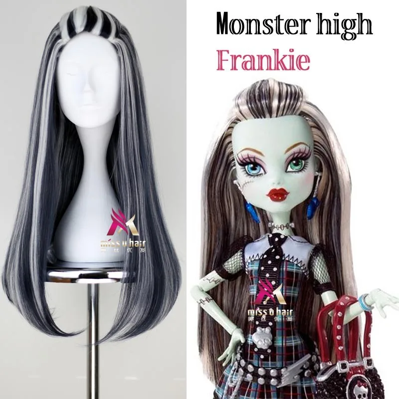 New wig frankie Monster High Frankie Cosplay Wigs 65cm Black Mix White Halloween Party Synthetic Cosplay Wig +wig cap