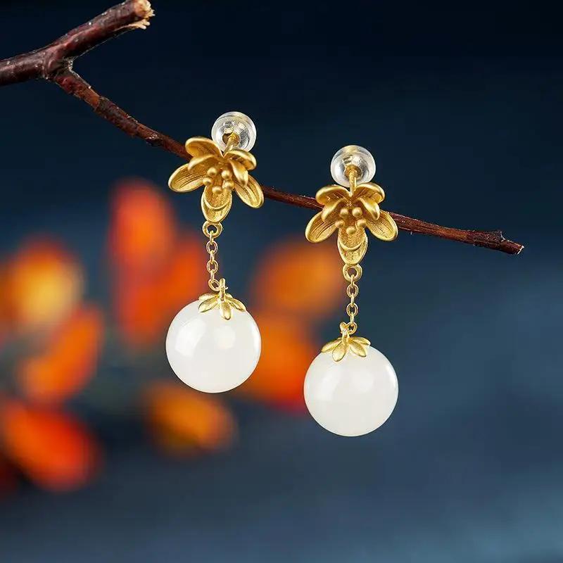 

Inspired design inlaid natural chalcedony round beads flower long earrings temperament ladies jewelry party banquet accessories