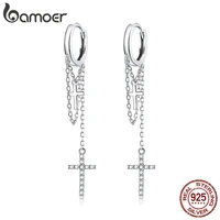 bamoer silver classic cross earrings 925 sterling silver shine cz long chain hoop earrings for women party jewelry sce1002