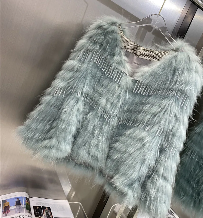 Winter Personality Beaded Fashion Women Real Fur Jacket Female White Raccoon Fur Strip Tassel Jacket