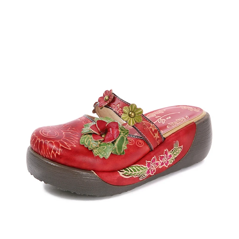 

GKTINOO Flower Slippers Genuine Leather Shoes Handmade Slides Flip Flop On The Platform Clogs For Women Woman Slippers