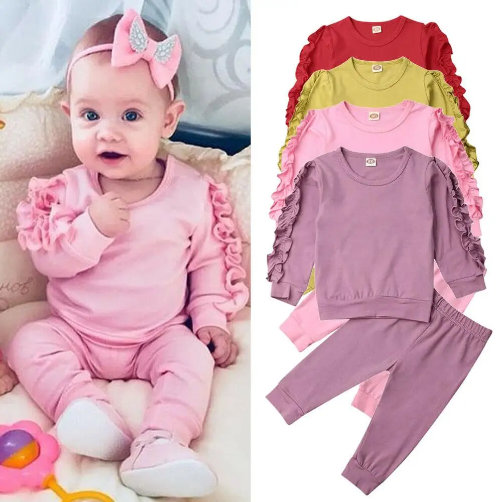 Newborn Baby Boys Girls Ruffles Jumper Solid Long Sleeve Sweatshirt Tops Pants Infant kids 2Pcs Outfits Clothes Set Fall Clothes