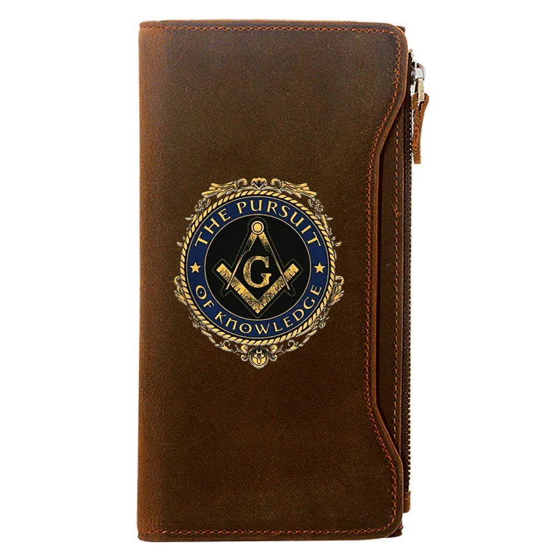 

Classic Masonic Design Credit Card Holder Package Genuine Leather Zipper Wallet Men Long Clutch Purse Gift
