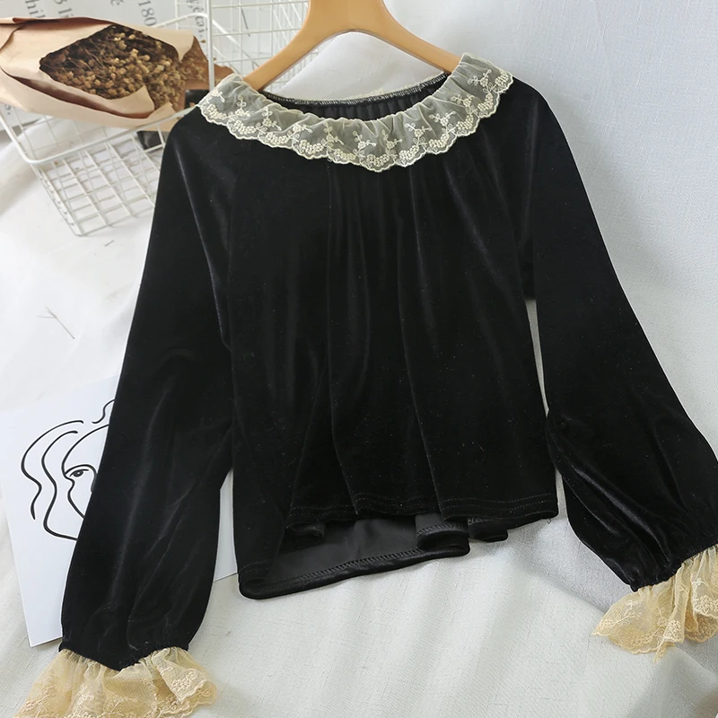Женская однотонная блузка в японском стиле с длинным рукавом и кружевным