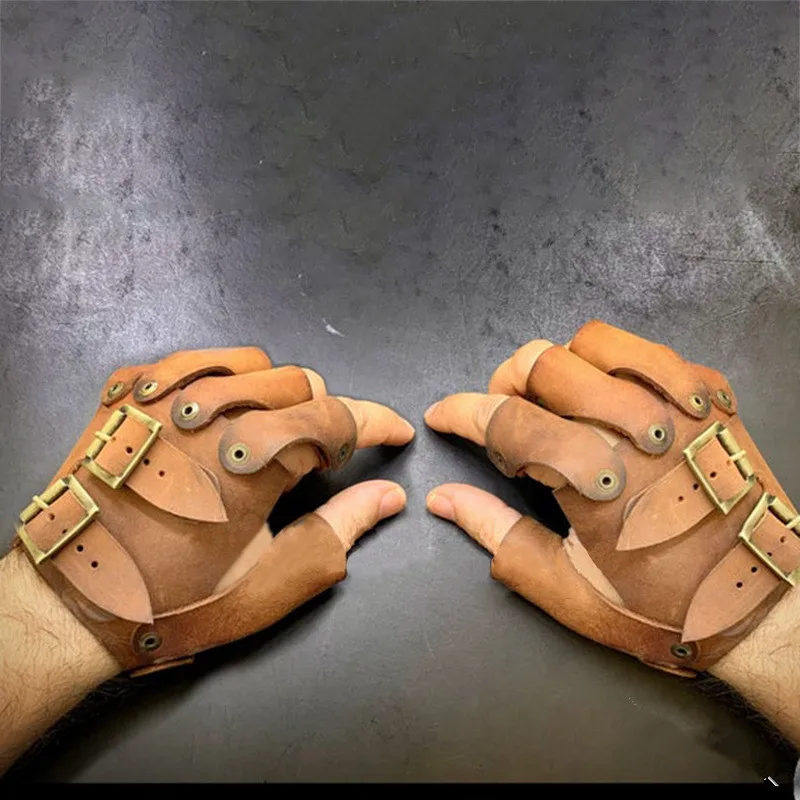 Medieval Steampunk Leather Armor Gloves Wide Cuffs Men Women Warrior Finger Protection Viking Pirate Accessory For Larp Cosplay