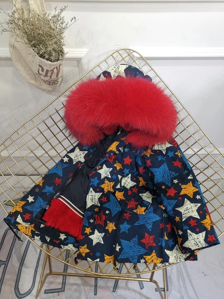 Children Winter Jacket Graffiti Boys Girls Real Fur Coat Thick Warm Rabbit Fur Kids Jacket Coat Furry Natural Fur Collar TZ428