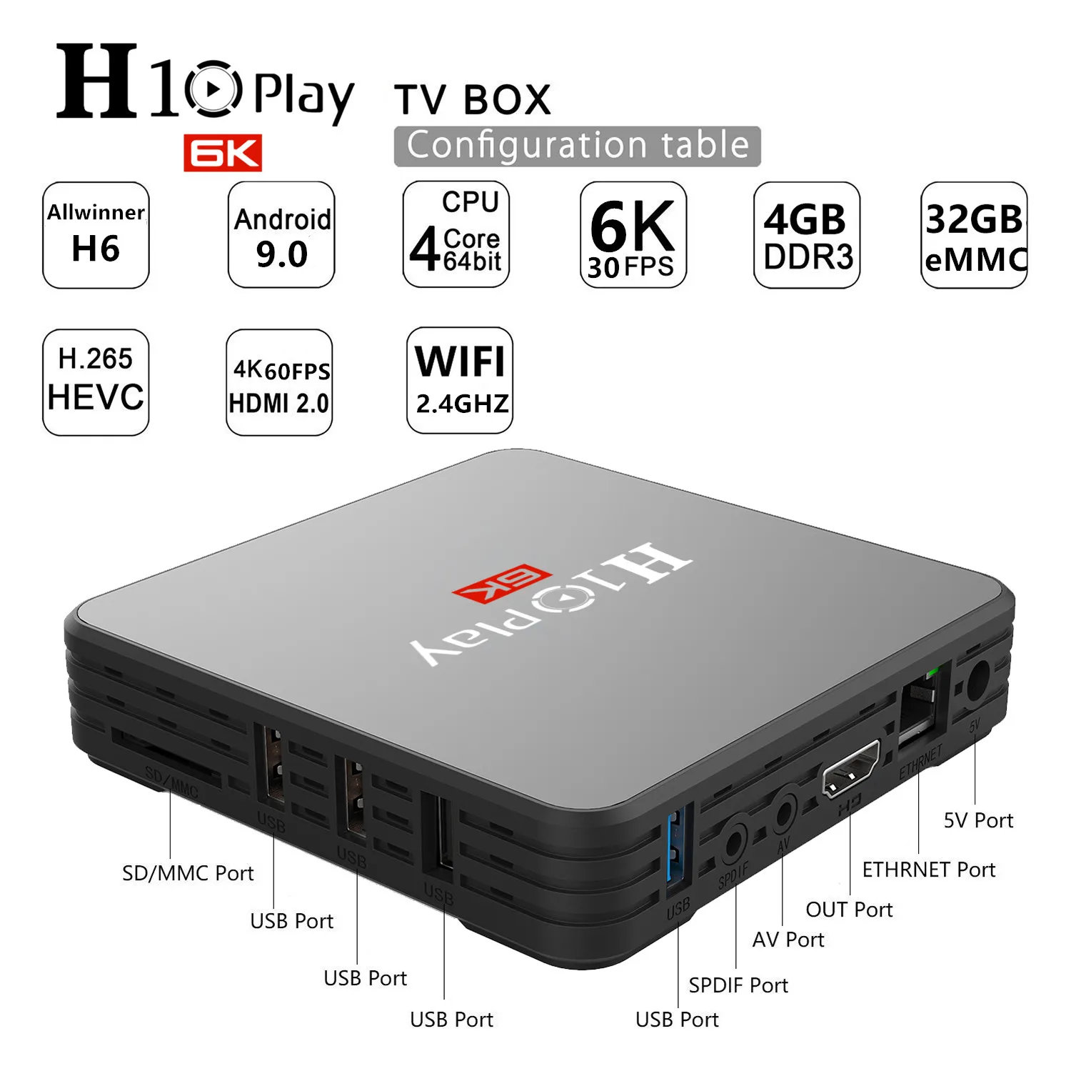 ТВ приставка H10 Play Android 9 0 4 + 32/64 ГБ Allwinner H6 ядра 6K HDR 2 ГГц Wi Fi|ТВ-приставки и