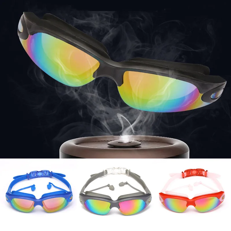 

Mens Silicone Anti-fog Swimming Goggles Adjustable Swimming Goggles with Earplugs Ladies Electroplating Colorful Flat Goggles