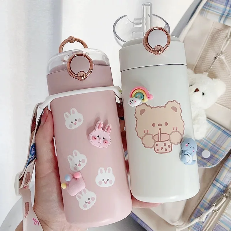 

350/480ml Cartoons Stainless Steel Vacuum Flask Coffee Tea Milk Travel Soft Straw Cup Cute Bear Water Bottle Insulated Thermos
