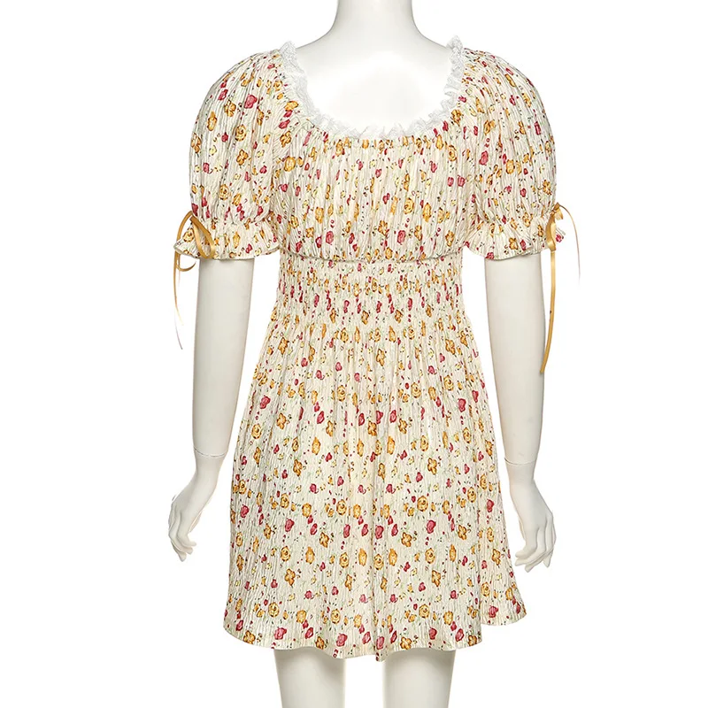 

Summer Women Y2k Fashion Flounced Edge Lace-up Short Puff Sleeves Lace Drawstring Sexy Smocked Ruched Mini Floral Print Dress
