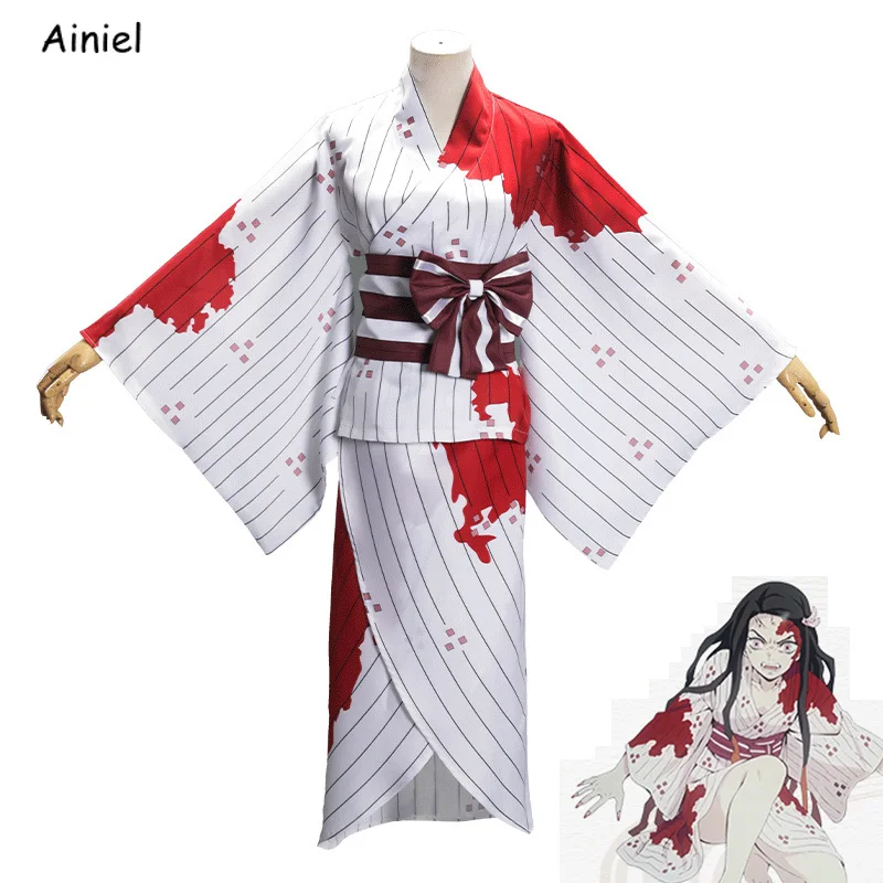 

Ainiel Anime Kimetsu No Yaiba Demon Slayer Cosplay Costume Disfraz Kamado Nezuko Kimono Blood-stained Clothing Women Halloween