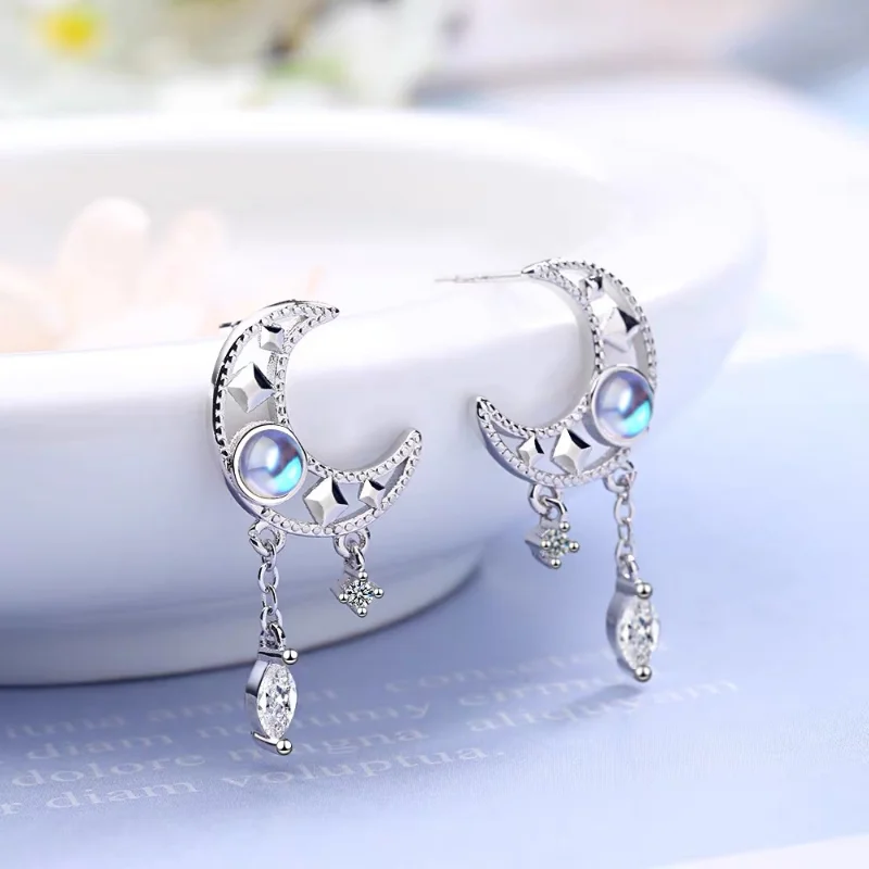

Fashion Silver Tassel Moonstone Moon Drop Earring For Women Girls Party Wedding Jewelry Female Pendientes