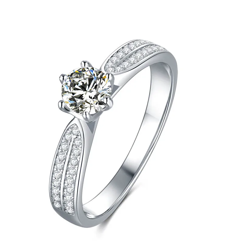 

M06B 925 Sterling Silver Ring 0.5ct 5mm Moissanite Main Stone And Cubic Zirconia Side Stone Jewelry