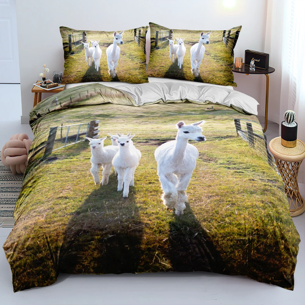 

100%Microfiber Animal Pattern Duvet Cover Set White Alpaca Quilt Cover Pillowcases Single Double Queen King Sizes Bed Set Custom