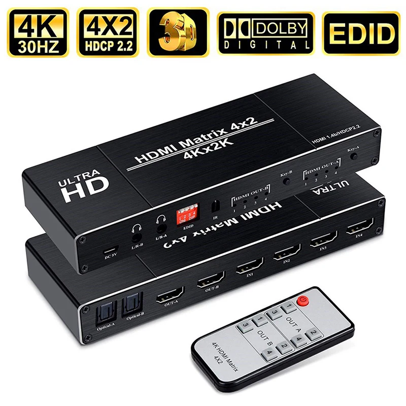 2 0 HDMI матрица 4x2 4K HDR переключатель сплиттер 4 в выход оптический SPDIF + 3 5 мм Джек
