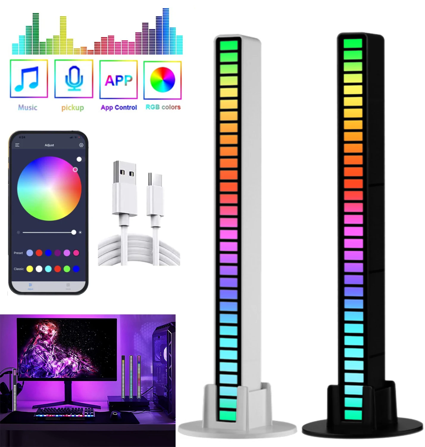 LED Rhythm Light Bar RGB Sound App Control Pickup Voiceactivated Lights Colorful Atmosphere Car Party Bar Lamps of Music