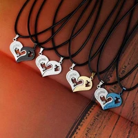 2 pcsset fashion paired heart necklace hollow jewelry stainless steel pendant i love you for couples lovers gifts