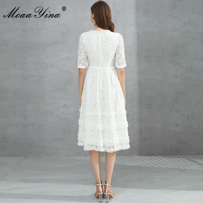 

MoaaYina Fashion Designer dress Summer Women's Dress Short sleeve Ruffles Lace Elegant Slim Dresses