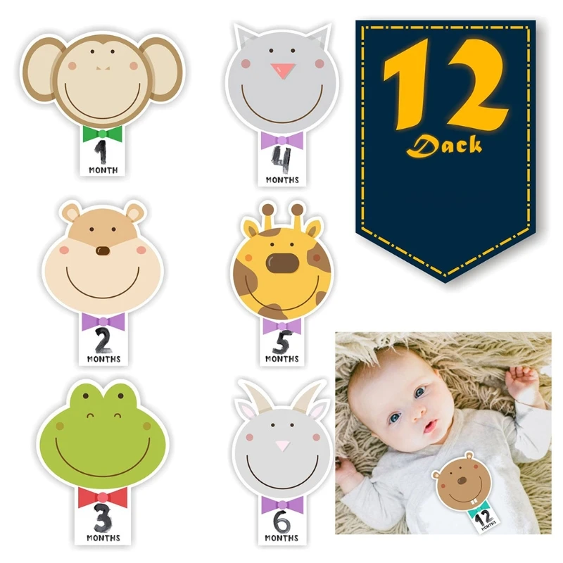 12 Pcs Baby Pregnant Monthly Stickers Cartoon Animal Pattern Memory Recording Milestone Sticker Photography Props