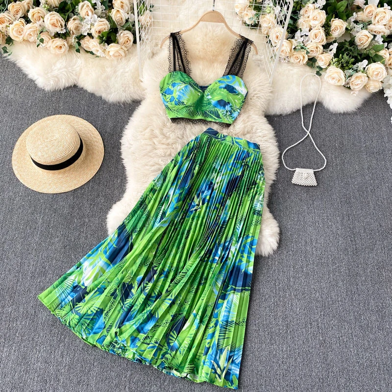 

Beach Holiday Two-Piece Print Sets Women Summer Lace Super-Short Spaghetti Strap Tops High Waist Pleated Female Skirt RE2094