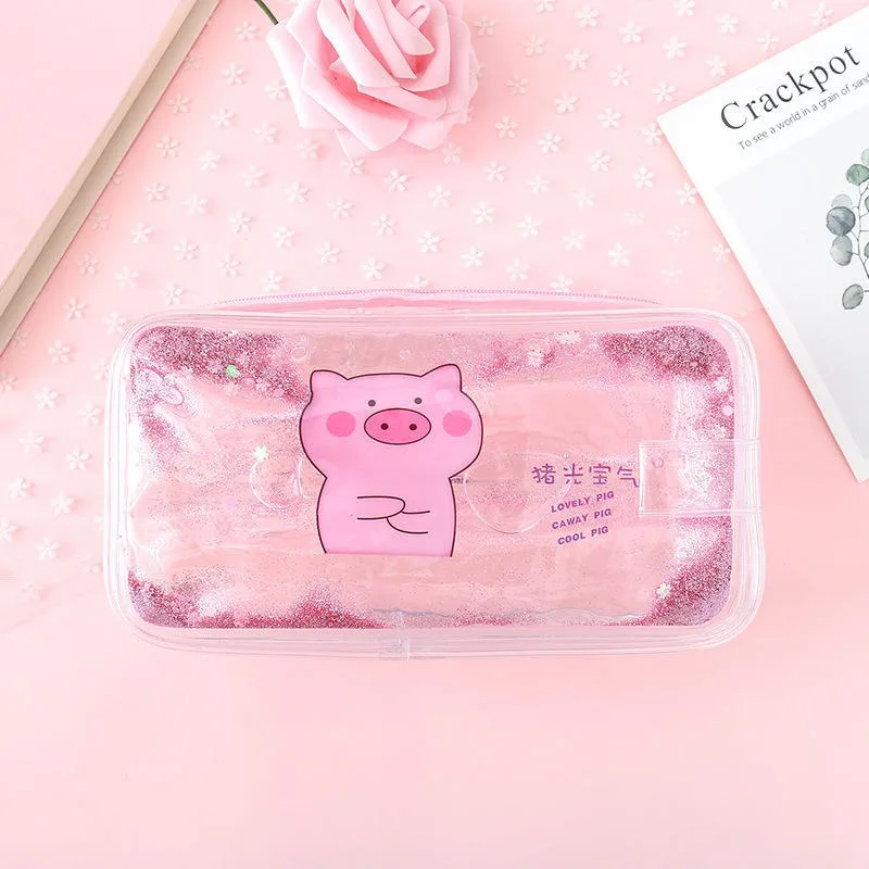 Cute PVC Pig Pencil Case Colorful Transparent Quicksand Girl Pen Bag Creative Korean Stationery School Supplies Pouch Kids Gift |