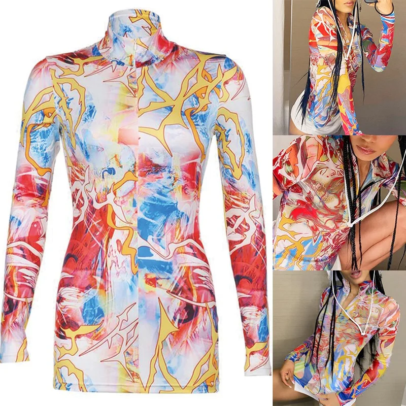 

Women'S Fashion Sexy Printed Slim Pack Hip High Collar Dress Color