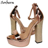 Sorbern Rose Gold Crystals Sandals Women Block High Heel Ankle Straps Summer Shoes For Ladies Chunky High Heel Casual Heels 2020