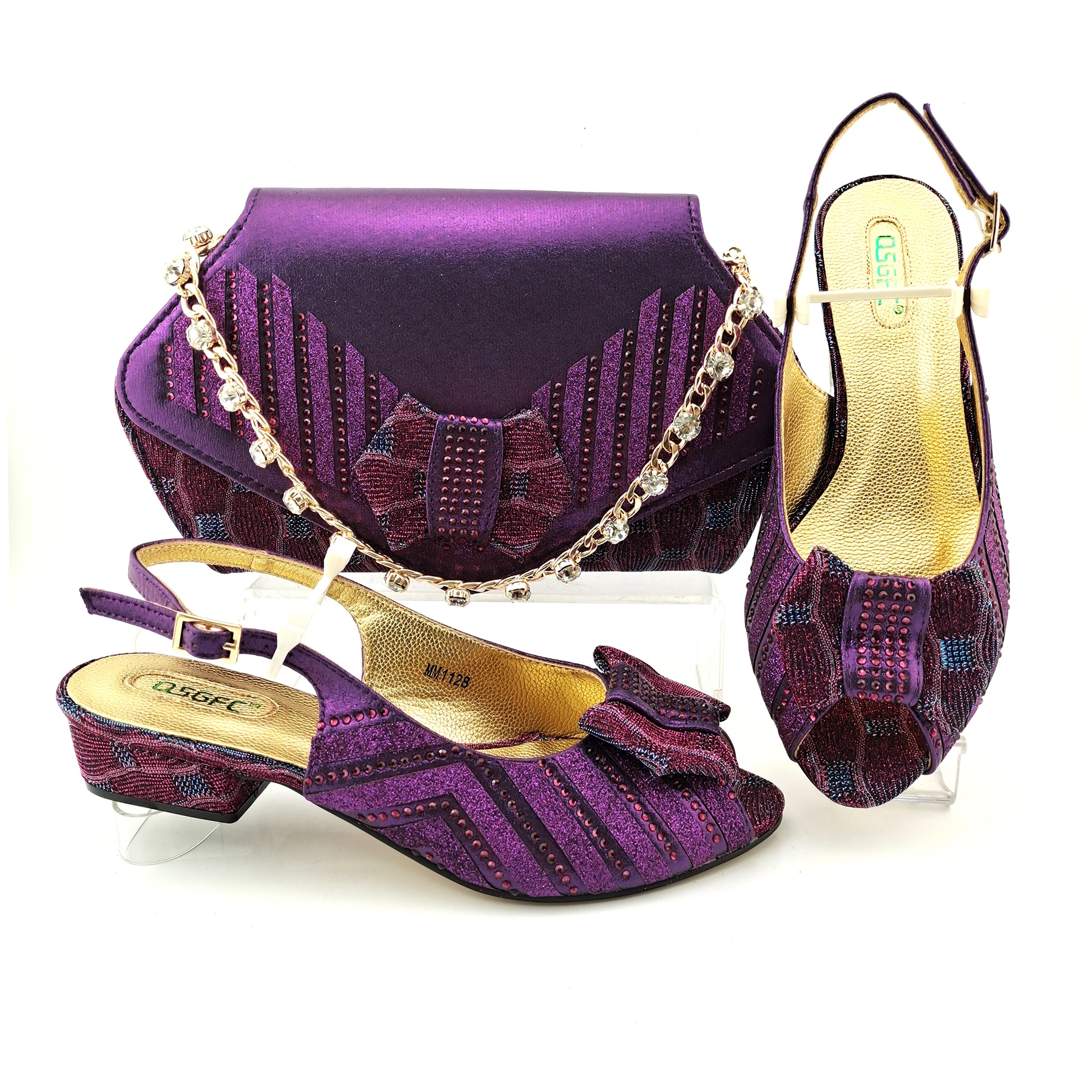 

Classic Purple Matching Shoes And Bags Fashion Butterfly-kont Shape Crystal Style Ladies Shoes and Bag Set for Party