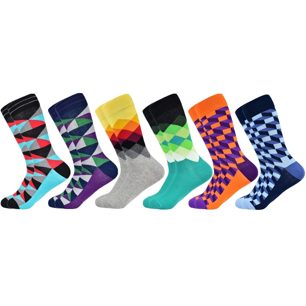 6 pairs socks-3 Популярные мужские носки из чесаного хлопка подарки для мужчин клетчатые геометрические повседневные мужские носки Цветные счастливые мужские носки - Цвет: 6 pairs socks-3