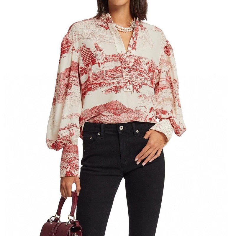 

Summer 9.10 2021 Spring New Fashion Silk Shirt Women Lantern Sleeve Retro Loose Casual Ink Painting Print Blouses Female