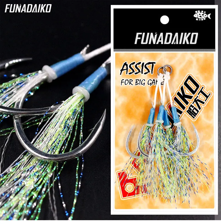 FUNADAIKO Assist крючки Seafishing медленно джиговые крючки с высоким из углеродистой стали двойные крючки светящийся яркий 1/0 2/0 3/0 4/0 УФ крючки