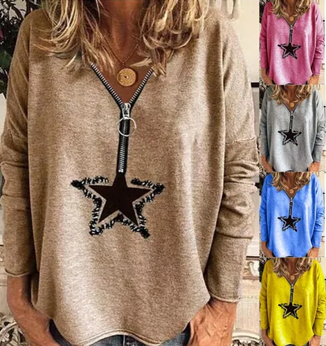 

New Winter Spring Autumn Women Plus Sizes Large Big Loose Sexy Printed Zipper Star Vintage Casual T Shirts Tops Full Long Sleeve