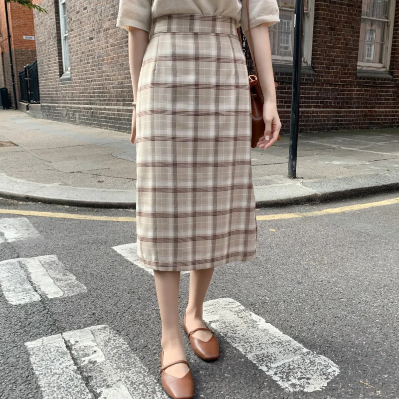 Юбка Женская Осенняя клетчатая с эластичной талией и завышенной 9501|Женские юбки|