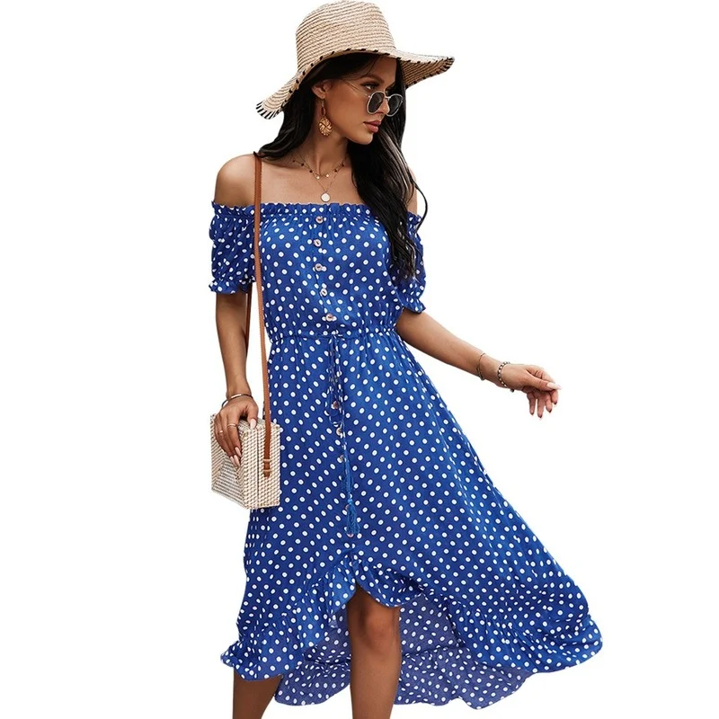 

Women's Large One-shoulder Dress 2021 Spring and Summer Classic Polka Dot Skirt Woman Dress Red Slash Neck Beach Style
