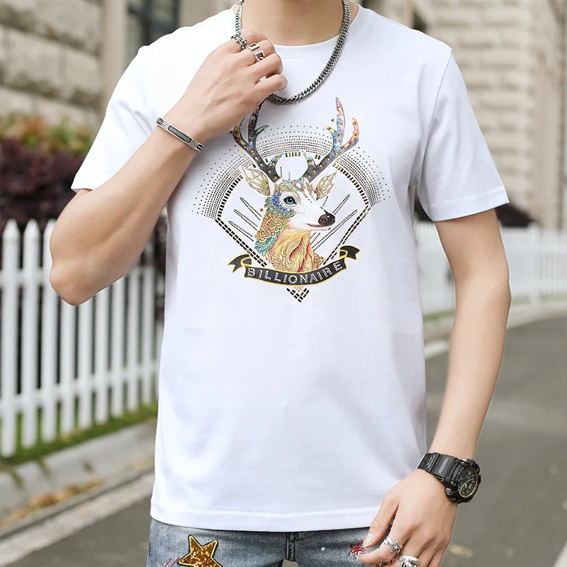 

2021 Summer Rhinestone T Shirt Men Luxury Short Sleeve O-neck Tops Tees Luxury Printed Streetwear Business Social Male Clothing