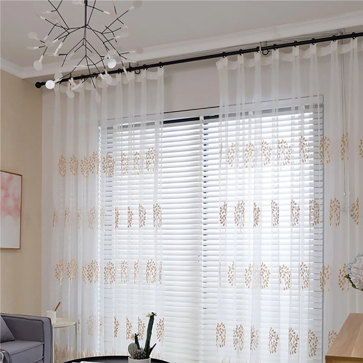 

FLWOO Tree Embroidered Window Screening Curtain White Screen Thin Window Screen Semi-shading Balcony for Living Room
