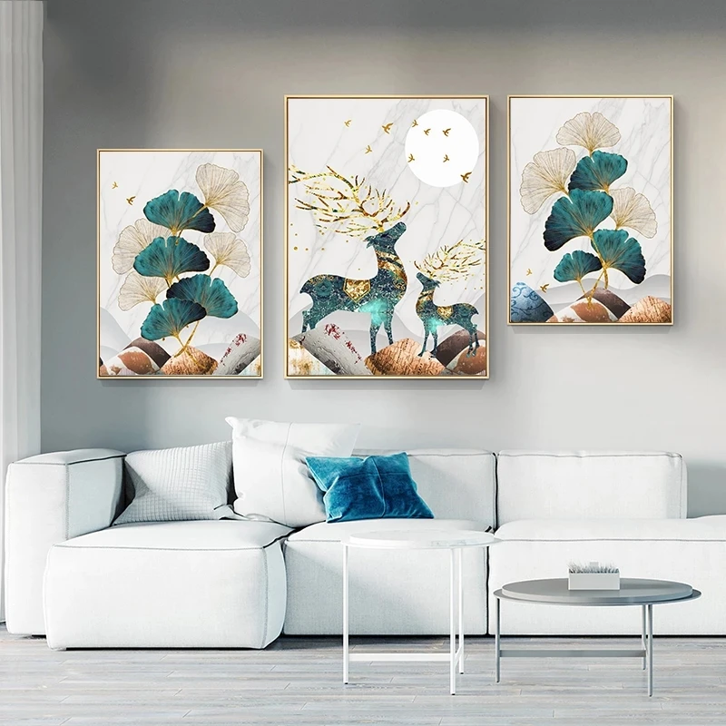 

Nordic Abstract Landscape Golden Elk Leaf Canvas Painting Posters Print Wall Art Pictures for Living Room Home Decor No Frame