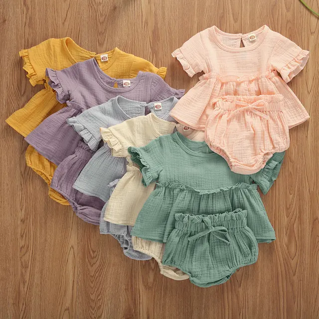 6 Colors Summr Toddler Newborn Baby Girls Cotton Linen Clothes Ruffles Short Sleeve T Shirts+Shorts 2pcs Infant Clothing Outfits 1