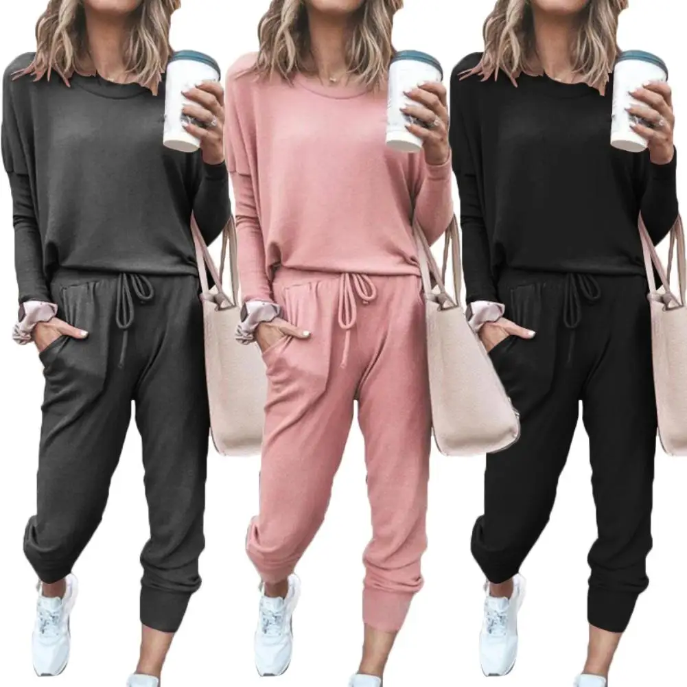 

Women Solid Color Long Sleeve O Neck Blouse Top Drawstring Pants Sport Tracksuit