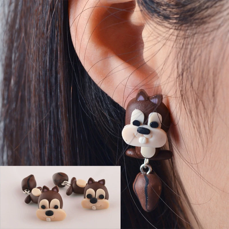 

Hand Made Polymer Clay Soft Cute Squirrel Earrings for Female Girls Fashion Cartoon 3D Animal Perforated Earrings